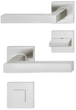 JUVA Design Drückergarnitur Edelstahl | 1 Stück Türbeschlag eckig Türgriff auf Rosette für Zimmertüren - LDH 2166 | WC-Badezimmer | Edelstahl matt gebürstet | Türdrücker-Garnitur mit Knopf
