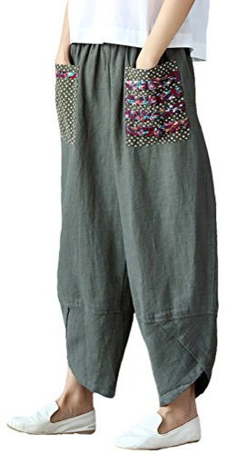 FTCayanz Damen Leinen Weite Hose Casual Patchwark Elastischer Bund Haremshosen Army Green XXL