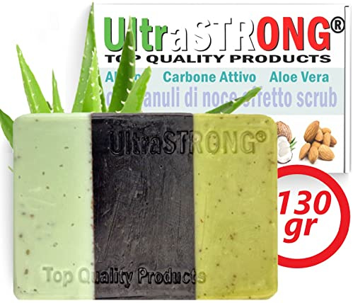 Sapone Scrub, Sapone Viso e Corpo Esfoliante UltraSTRONG, Sapone Doccia DETOX, Bagnoschiuma Solido Vegano, Aloe Vera Carbone Aleppo, Sapone carbone attivo, Pelle Secca Grassa Mista, Acne e Brufoli