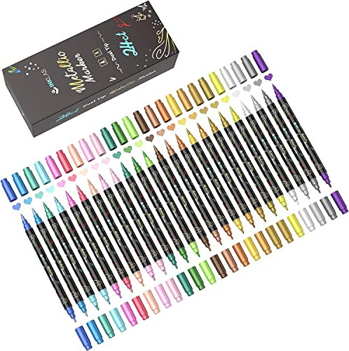 INK LAB Metallic Marker Stifte 24 Farben Metallischen Stift Pens Dual Tip für DIY Fotoalbum Gästebuch Hochzeit Scrapbook Schwarze Karte Glas Bullet Journal,Mittel & Bürstenspitze