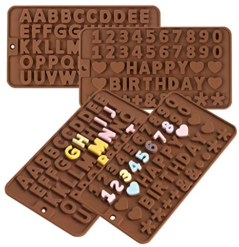 LIUCONGBD 4PCS Chocolate Moulds Silicone, Letter Mould and Number Moulds for Cake Decorations, Non-Stick Happy Birthday Symbols Silicone Moulds for Birthday Cake Candy Biscuit