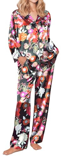 Ekouaer Silk Pajamas for Women Button Down Satin Pj Set Soft Long Sleeve 2 Piece Sleepwear Loungewear Black with Colorful Floral,S