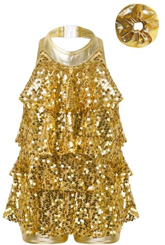Nyeemya Vestido Brillantes para Niña Maillot Lentejuelas de Patinaje Artistico Leotardo con volantes de Gimnasia Ritmica Traje de Baile con banda elástica metálica Dorado 7-8 años