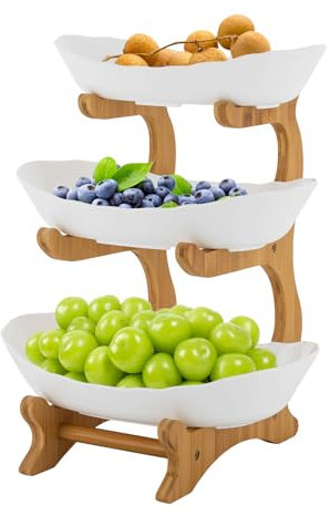 Sindipanda 3 Etage Obst Etagere Mit Bambusholzständer Obstetagere Aufbewahrung für Kaution Früchte Süßigkeiten Desserts Modern Keramik Obstschale, Weiß