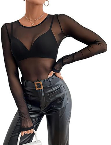 L Size Damen Sexy Netzoberteil Transparent Netz Oberteil Schwarz Mesh Sheer Top mit Rundhalsausschnitt für Clubwear, Partys und Alltagslooks - Weiches, Atmungsaktives Material für Komfort und Stil