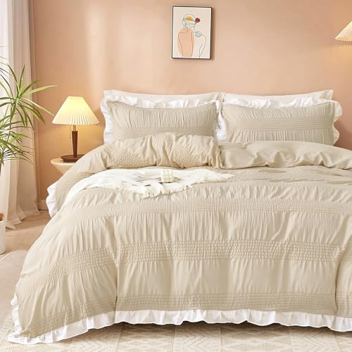 Guchuang Bedding Duvet Cover Set King Size, Beige Seersucker & Ruffled Design 3-Piece Bedding Set - Soft Microfiber, Wrinkle-Resistant & Decorative Duvet Cover with Hidden Zipper (King, 220x230cm)