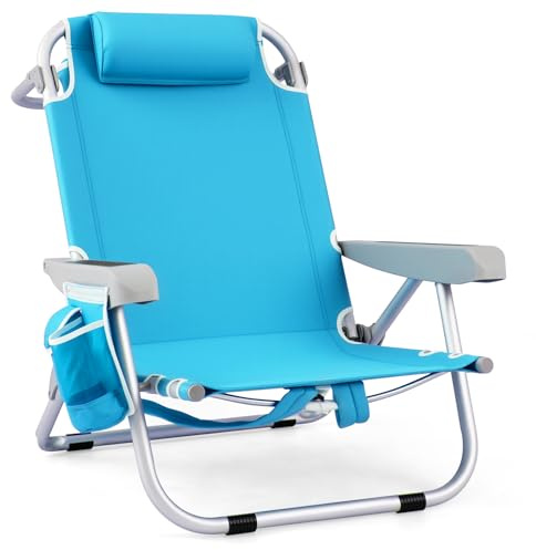 GIANTEX Sedia da Spiaggia Pieghevole con Zaino, Sedia da Campeggio in Alluminio Reclinabile con Schienale Regolabile in 5 Posizioni, Porta Asciugamani (65 x 66 x 78 cm,Blu,1)