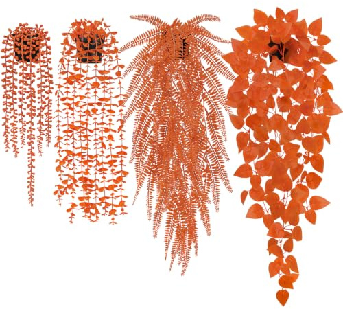 Der Rose 4Pcs Fake Fall Plants Hanging Orange Artificial Eucalyptus Plants, Boston Fern, Fake Potho, String of Pearls for Halloween Bathroom Table Centerpiece Wall Mantle Decor Indoor and Outdoor