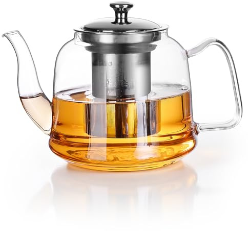 Teiera in vetro, teiera con colino, teiera in vetro con colino, 1600 ml, bollitore per tè termico, bollitore trasparente borosilicato, coperchio e filtro in acciaio inox, rimovibile per tè, caffè