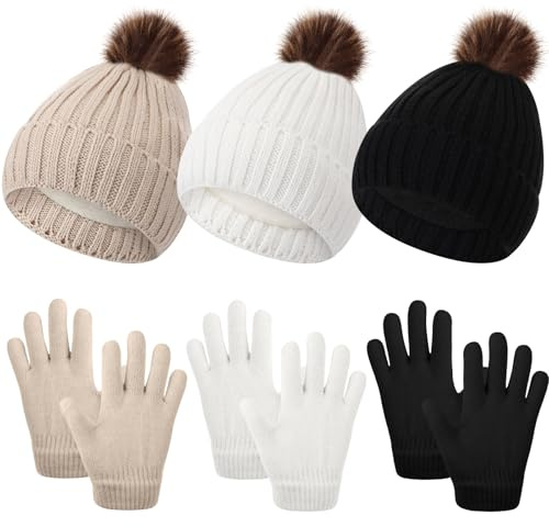 Geyoga 6 Pack Kids Winter Beanie Hat Gloves Set Boys Girls Warm Knitted Fleece Lined Pompom Hat for Children Toddler 3-8 Year(Black, White, Beige,Classic Style)