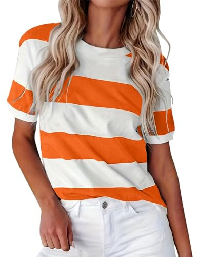 Camisetas de verano para mujer, estilo europeo y fronterizo, con estampado de rayas, cuello redondo, manga corta, informal, para mujer