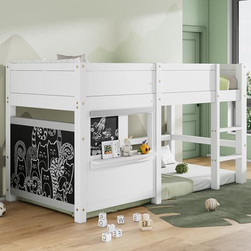 Oxtao Cama alta para niños, 90 x 200 cm, con 2 tablas de garabatear, cama alta con diseño de tres niveles, somier y protección anticaídas, sin colchón, color blanco