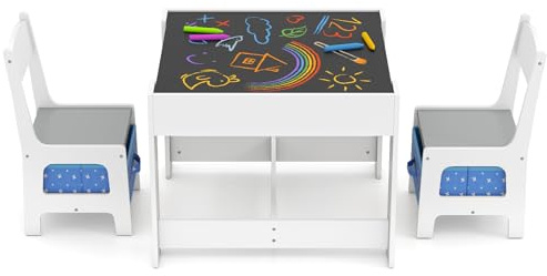 Maxmass 3PCS Kids Table and Chair Set, Wooden Toddler Play Table with Removable Double Side Tabletop, Storage Boxes, Children Activity Desk Set for Eating Drawing Reading Learning (Grey+Blue)