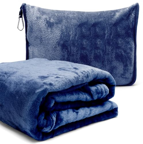 2-i-1 resefilt och resekudde med dragkedja, multifunktionell kudde, mjuk och varm flygplansfilt, gosig filt, örngott, kompakt filt för flygplan, bil, kontor, 127 x 152 cm (mörkblå B)