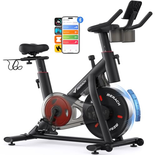 MERACH Motionscykel inomhus, Eigen App, Kardio, Justerbar, 136KG | Tyst Hemträningscykel med Exklusiv App och Förbättrad LCD-skärm, Justerbart Motstånd för Konditionsträning upp till 136 kg