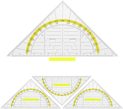 BLPRKOT 4 Pezzi 16 cm Squadra con Manico, Goniometro in Plastica Trasparente con Scala, Squadre per Scuola Elementare, Righello Triangolare, Modello Circolare per Ufficio Designer Pittura