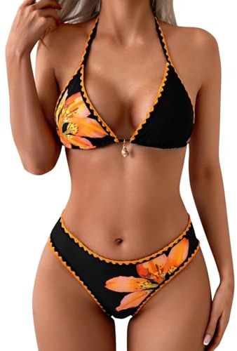 Maillot de Bain Femme 2 pièces Bikini Taille Haute Push up Sexy Plage Vintage Ensemble Chic Été Dos Nu Imprimé Lacet Élégant A103