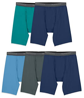 Fruit of the Loom Men's Micro Stretch Boxer Briefs, Designed to Move with You, Lightweight & Moisture Wicking, Long Leg - 5 Pack - Green/Blue/Grey, XL