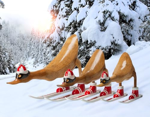 Rikmani - Figura di legno anatra sciatore Austria rosso - Decorazione fatta a mano in legno figura regalo Set