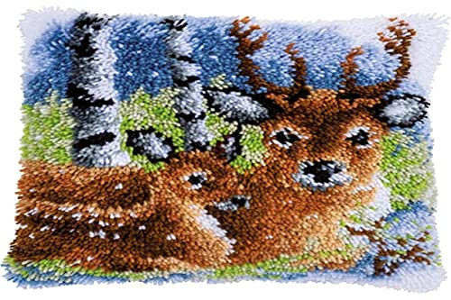 Vervaco Knüpfkissen Set Deko Kissenbezug Knüpfset für Anfänger HIRSCH IM SCHNEE Basteln Erwachsene Kreativ DIY Handarbeit Kissen zum Selber Knüpfe 40 x 40 cm Latch Hook Kit Knüpfhaken Set Kissen
