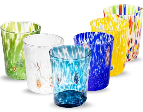 Gocce di Murano 6 Bicchieri Acqua Lavorati Secondo la Tradizione degli Artigiani di Murano, Bicchiere Soffiato e Lavorato a Mano 300 ml - Bicchieri Acqua Vetro Arcobaleno Pioggia