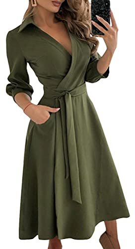ORANDESIGNE Robe été Femme Manches Longues élégante Col en V à Pois Décontractée Longue en Mousseline de Soie Volants Cocktail Soirée Maxi Plage Ample D Verte M