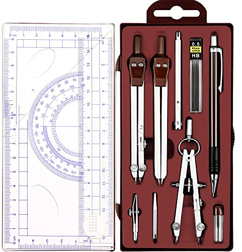 Outus 13 Pcs Geometry Set for Students Math Protractor Compass with Rulers Mechanical Pencil Lead Refills Storage Box of Protractors Kit for School Class Student Drafting Drawing
