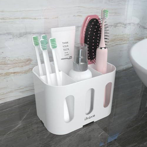 iHave Toothbrush Holder, 5 Slots Electric Toothbrush Holders for Bathroom Countertop, Ventilated Bathroom Storage Organiser Caddy with 2 Hanging Holes