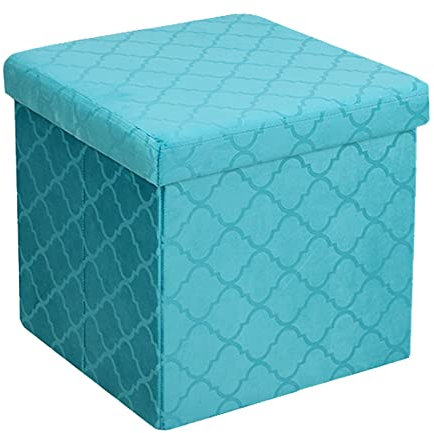 Folding Storage Ottoman Velvet Lattice Storage Box Pressed Velvet Seat Stool Chair Footstool Pouffe Bench (38cm x 38cm, Teal)