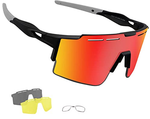 OULIQI Fahrradbrille Herren Damen Polarisierte Sonnenbrille, Sportbrillen TR90 Unbreakable mtb,UV400 Schutzbrille Sportbrille Schnelle brille mit 3 Wechselgläser für Radfahren Laufen Golf Baseball