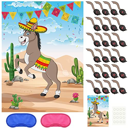 PLULON Pin the Tail on the Donkey Birthday Games for Kids Mexican Donkey Game Poster with Tail Stickers Donkey Party Favors Carnival Birthday Fiesta Home Wall Decor Classroom Family Activities