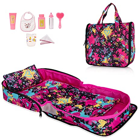 HappyVk - Cama para muñecas - Moisés portátil para muñecas de hasta 53 cm - Bolso para niña - El Juego Incluye Manta, Almohada y 7 Accesorios - Graffiti