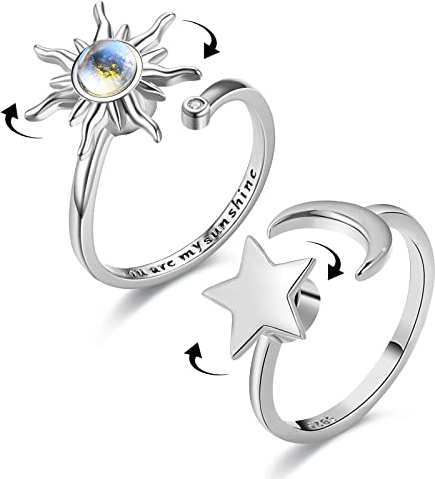 Cosysparks Anillo Antiestres Mujer, 2 Piezas de Apertura Ajustable Anxiety Ring Plata Fidget Ring Anillo de Estrella de La Luna Anillos Giratorio, con Caja De Regalo
