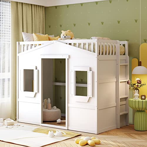 Twin Size Wood Loft Bed, House Bed Frame with Ladder and Safety Guardrails for Kids, No Box Spring Needed, White