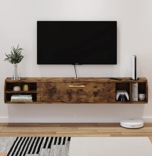 Pmnianhua Floating TV Unit, Wall Mounted TV Cabinet, Floating Shelves with 4 Cabinets, Wooden Entertainment Media Console Center Large Storage TV Bench for Living Room & Office (147cm, Rustic Brown)