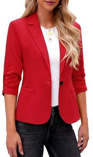 Roskiky Blazer élégant pour femme, veste à manches 3/4 d’affaires, look décontracté, costumes pour bureau, rouge, L