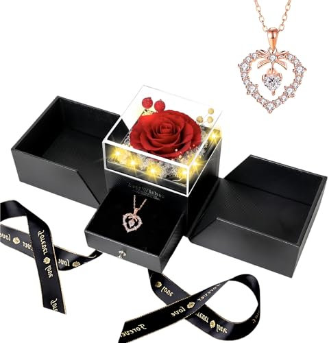 Yugefom Ewige Rose mit 925 Sterling Silber Halskette Geschenke für Frauen Konservierte Rose Schmuck Geschenk für Sie Valentinstag Muttertag Geburtstag Jahrestag mit LED-Leuchten Geschenkbox