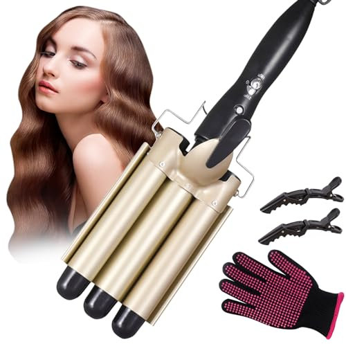 Bizcasa 3 Tubi Piastra Onde Ferro Arricciacapelli,22MM Piastra arriccia Capelli Onde Beach Waves Ferro Arricciacapelli Ceramica Capelli,Temperatura Regolabile,Con 2 Clip e un guanto(oro)