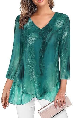 Adigaber Camisas para Mujer Elegante Manga 3/4 y Cuello en V Blusa Suelta Sólidos Estampadas Casual Gasa Shirt