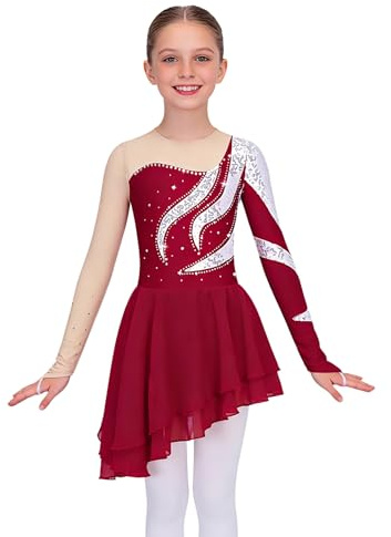Miaeowve Pump klänningar konståkning flickklänning barn strass glitter dansklänning långärmad lapptäcke balett body med asymmetrisk chiffong kjol danskostym