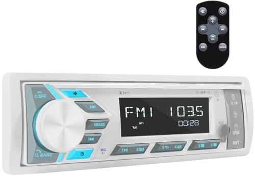 DOVOX Enkel Din Marin-stereomottagare: i Dash Bluetooth Båtradio - Digital LCD-skärm Tryck för att prata assistent AM FM MP3 SD Aux-in USB-laddning 4,2-kanals ljudutgång för marina fordon vattenfarkoster