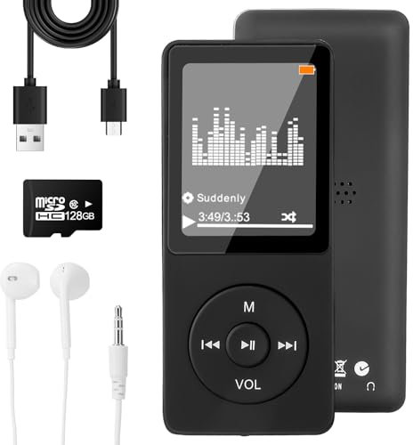 128GB MP3 Player with Bluetooth, Music Player with Built-in HD Speaker, FM Radio, Voice Recorder, HiFi Sound, E-Book Function, Earphones Included