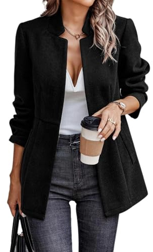 FM2018XSL Giacca da Ufficio a Maniche Lunghe da Donna Casual Blazer da Donna con Tasche Elegante Cappotto con Colletto Ritagliato(M=Taglia L,Nero)