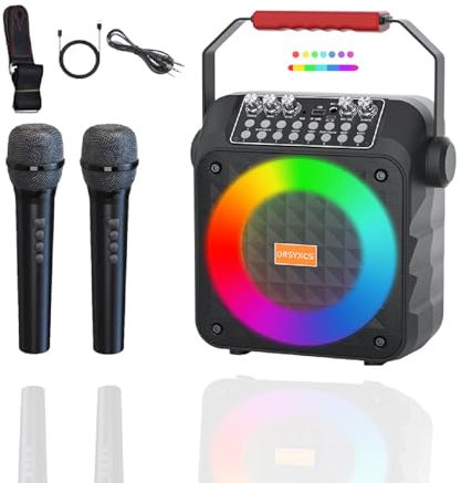 DRSYXCS Máquina de Karaoke con 2 Micrófonos Inalámbricos para Niños Adultos, Altavoz Bluetooth Portátil con Luces LED Cambiador de Voz, Soporta TWS/FM/USB/AUX para Fiestas en Casa Picnic Square Dance