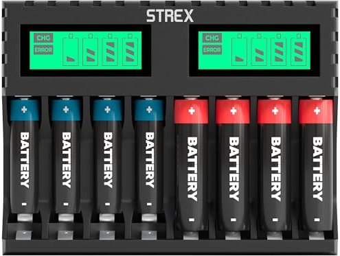 Strex Cargador de Batería - 8 pilas AA/AAA - USB recargable - Pantalla LCD - Cargador de Batería Universal Para Baterías Recargables