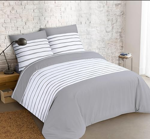 Vision Juego de Cama Reversible 100% Algodón – MIA Gris Blanco – Cama Doble (200x200 cm) – Funda Nórdica y 2 Fundas de Almohada (65x65 cm) – Suave y Confortable - Certificado Oeko-Tex
