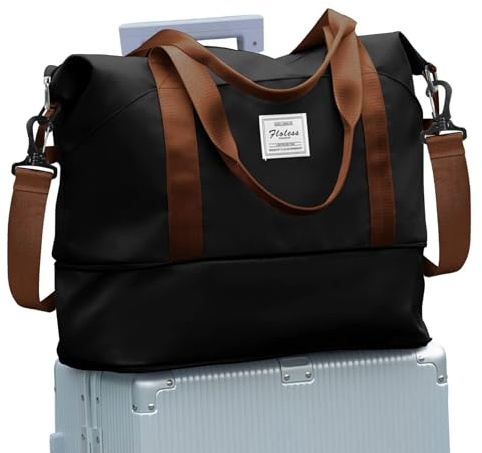 SZLX Travel Duffel Bag Weekend Bag with Trolley Sleeve,Ryanair Cabin Bag 40x30x20 Duffel Bag Wizzair,Dry & Wet Seperated Sports Gym Bag Waterproof Carry On Bag for Women Men Hospital Tote(Black Brown)