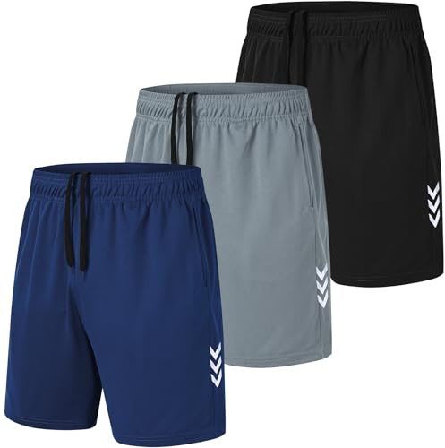 kuzwufs Short De Sport Homme Lot De 3 Séchage Rapide Course d'Entraînement Court Pantalon Fitness Gym Short avec Poches Noir/Gris/Bleu Marine-3XL