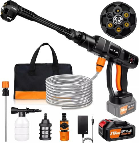 4000w Nettoyeur Haute Pression électrique 300bar / 3000 PSI Jet de Nettoyage terrasse Voiture 6 en 1 buse réglable avec 1 Batterie 3.0ah, Tuyau de 5m