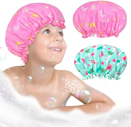2 Pcs Cuffia da Doccia Bambini Fascia Elastica Doppio Strato Impermeabile Cuffia Da Doccia Delle Signore Cappa Da Bagno Delle Signore Cappa Doccia Con Bordo Increspato Coprire Le Orecchie Per